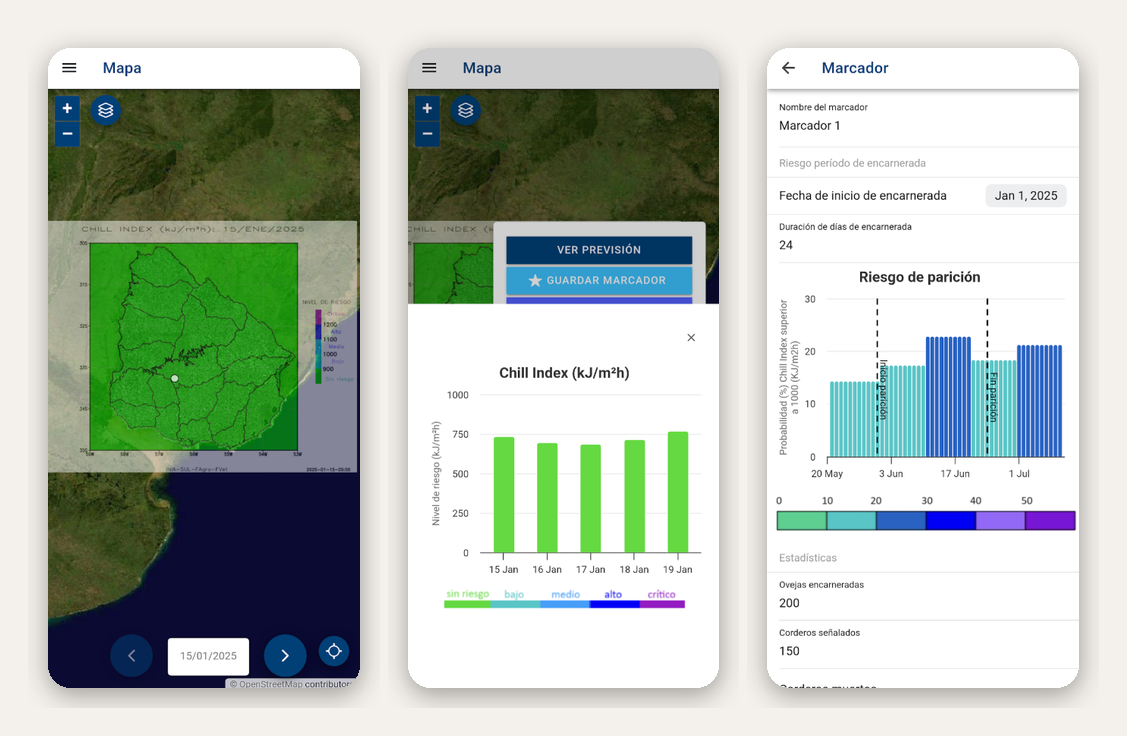 Pantallas de la app AlertaOvina: mapa del índice de enfriamiento, previsión para un punto y riesgo de parición de un predio