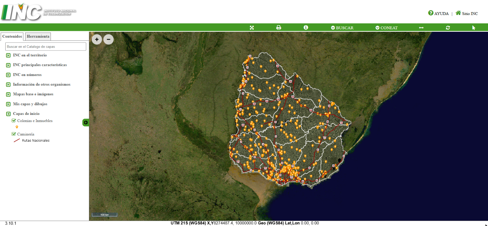 Visualizador geográfico del Instituto Nacional de Colonización con las colonias e inmuebles sobre el mapa de Uruguay