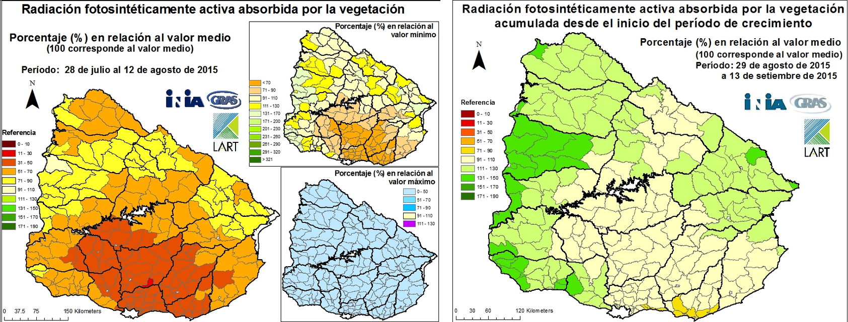 Mapas de APAR publicados por INIA GRAS: porcentaje en relación al valor medio, cada 16 días y acumulado