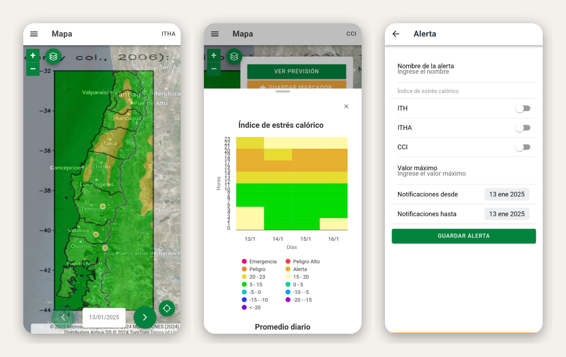 Pantallas de la app Termómetro lechero: mapa del índice de estrés calórico, previsión por hora y configuración de alertas