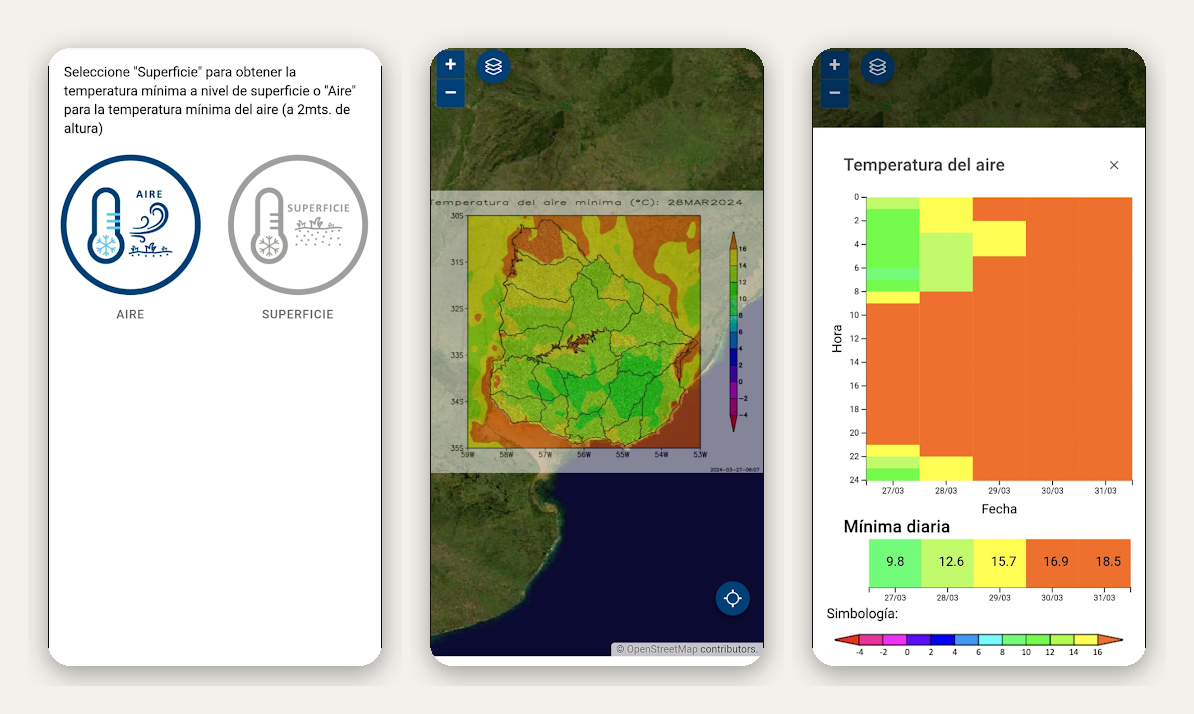 Pantallas de la app INIA Termomín: elección de temperatura del aire o de superficie, mapa de temperatura mínima y previsión por hora