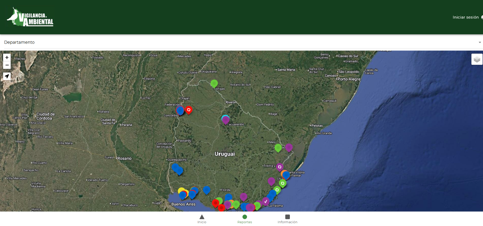 Mapa de reportes ambientales ciudadanos en Uruguay en la plataforma Vigilancia Ambiental