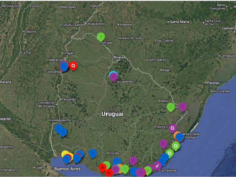 Mapa de Uruguay con reportes ambientales de la plataforma Vigilancia Ambiental